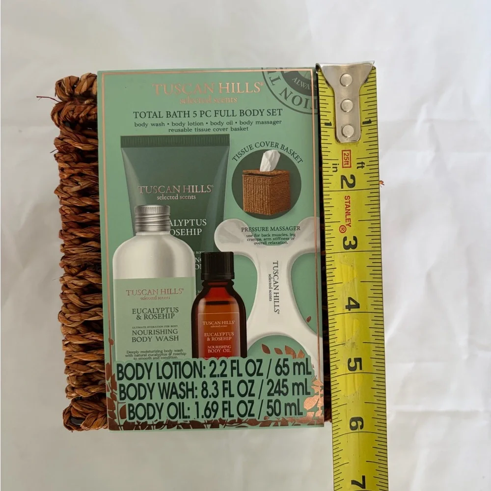Tuscan Hills Body Care Wicker Basket 5Pc Eucalyptus & Rosehip - Lotion Wash Oil